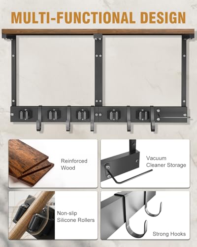 Large Broom Holder Wall Mount with Shelf, Vacuum Organizer, 5 Slots 5 Hooks - color: Black, size: Large