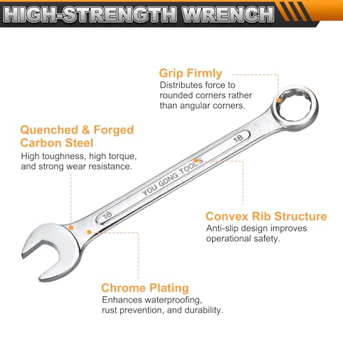 HARFINGTON Metric Combination Wrench, 18mm Open End & 15-Degree Offset - size: 18mm