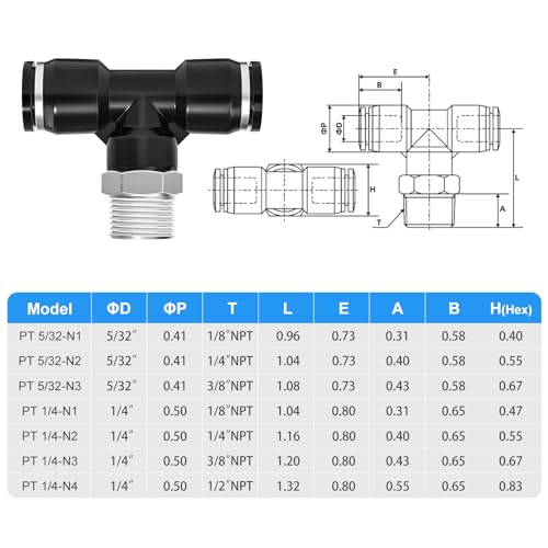 TAILONZ 1/4" OD x 1/8" MNPT Push to Connect Branch Tee Fitting 10Pcs - size: 1/4"OD x 1/8"MNPT