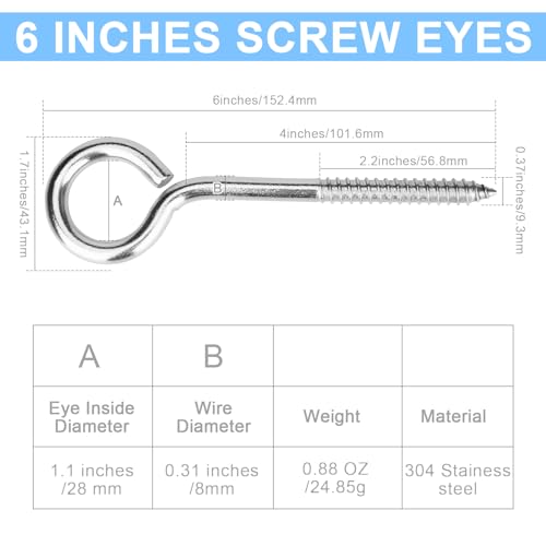 Aovchei Eye Screws, 4 Pcs 6 inches 304 Heavy Duty Screw Hooks - color: 304, size: 6 Inch 4pcs