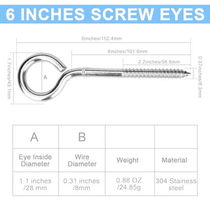 Aovchei Eye Screws, 4 Pcs 6 inches 304 Heavy Duty Screw Hooks - color: 304, size: 6 Inch 4pcs