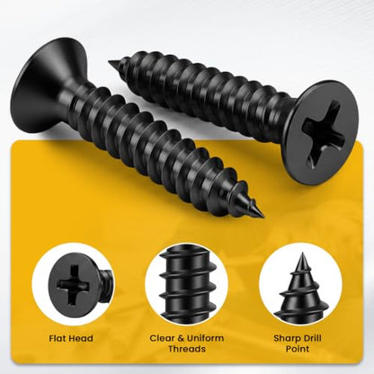 #8 x 1 Flat Head Wood Screw, Sheet Metal Screws, Stainless Steel 18-8 (304), Black Finish, 100 PCS - color: Black, size: #8 x 1"