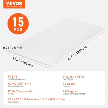 VEVOR 15 Pack Polycarbonate Greenhouse Panels, 2' X 4' X 0.24'' Roof Panels Sheets, Waterproof UV Protected Corrugated Plastic Roofing, Impact Resistance Clear Roofing Sheets for Greenhouse/Garden - size: 15PCS / 4FT * 2FT * 0.24IN