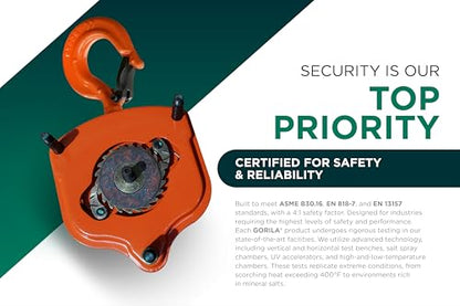 GORILA Hand Chain Hoist with 2 Heavy Duty Hooks and Forged Locks | 2200LBS - 10FT (1 Ton - 3 Meters) | Safety Factor 4:1 | Since 1989 - size: 2200lbs - 10ft / 1t - 3m