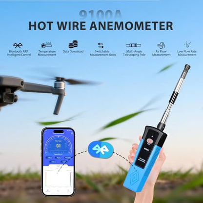 Hot Wire Anemometer Handheld CFM Meter with Bluetooth APP, Telescopic Probe