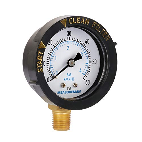 MEASUREMAN 2” Pool Filter Pressure Gauge, 60 PSI, 1/4” NPT Bottom Mount – Pool Pump Pressure Gauge for Swimming Pool, Spa, Aquarium, and Valve Filter - size: Lower 60psi/bar Start and Clean