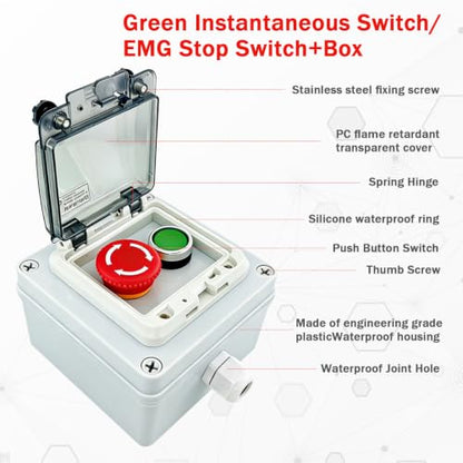 IP67 Waterproof Push Button Switch Box, Emergency Stop & Green Momentary Start/Stop Control Station with Anti-Misoperation Protective Cover, Outdoor Industrial Use, 1NO 1NC Contacts, 22mm - color: Green/emergency stop button switch box