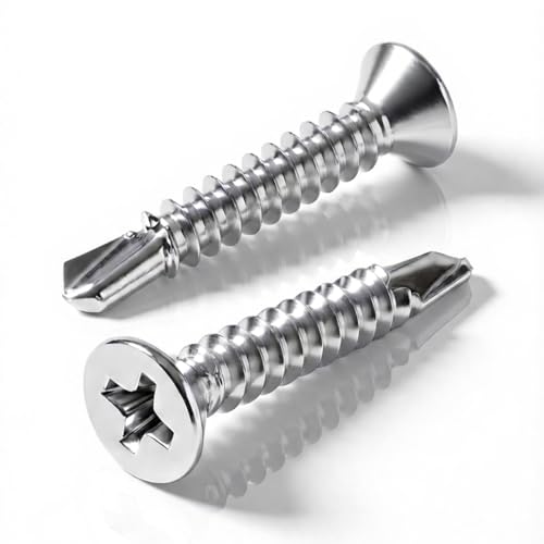 #10 x 2 (100 Pack) Flat Head Phillips Drive Sheet Metal Screws, Stainless Steel 410 Self Drilling Screws,Countersun Head Fast Self-Tapping Screws for Metal, Plastic, Wood