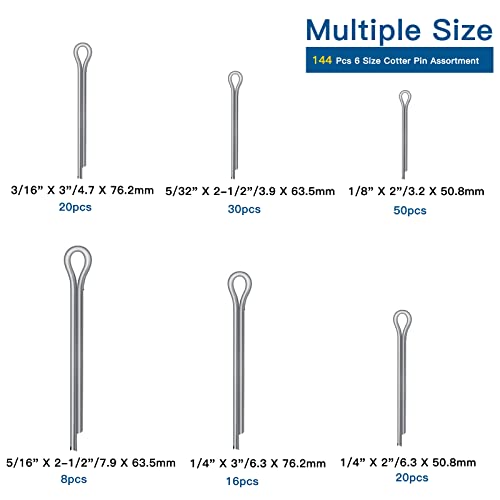 Boatsea 144 Pcs Large Cotter Pin Assortment, Zinc Plated Steel Split Pin Fastener Clip Straight Hairpin for Automotive Mechanics Small Engine Repair