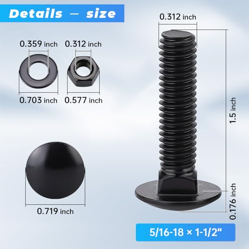 Glvaner (10 Sets) 5/16-18 x 1-1/2" Stainless Steel Carriage Bolts Screws Black and Hex Nuts & Flat Washers Black, Round Head Square Neck, 304 Stainless Steel 18-8, Full Thread Coverage - size: 5/16-18 x 1-1/2"