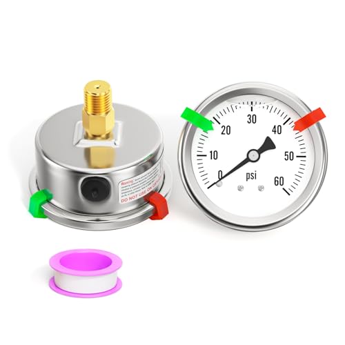 0-60PSI Stainless Steel Liquid Filled Pressure Gauge, 2.5" Single Scale Face Dial, 1/4" NPT Back Mount, for Tube, Water Pump, Gas, Liquid, Pressure Test (with Range Mark Pointer) - size: 0-60 psi