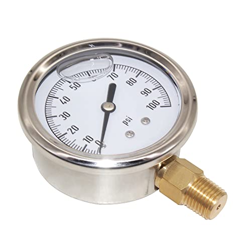 2-1/2" Dial 1/4" NPT 0~100Psi 304 Stainless Steel Glycerin Filled Pressure Gauge Bottom Mount - size: 0-100Psi (liquid filled), style: Lower Mount-1/4"NPT