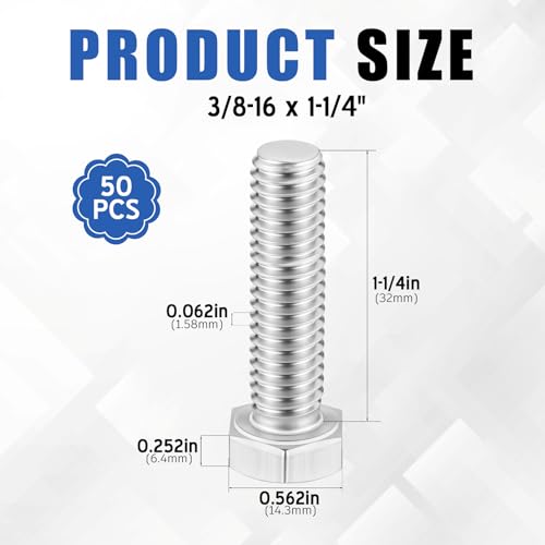 Zonon 50 Pcs 3/8-16 x 1-1/4" Hex Head Screw Bolt, Silver - color: Silver, size: 3/8-16 X 1-1/4"