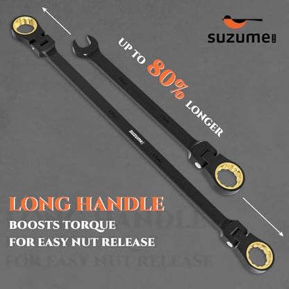 SUZUME Extra Long Flex Head Ratcheting Wrench 17-19mm Metric Double Box End 180° Flexible Head 72-Tooth 15K Gear Tested CR-V Steel Black Chrome Finish For Suspension Heavy Equipment & DIY - size: 17-19mm