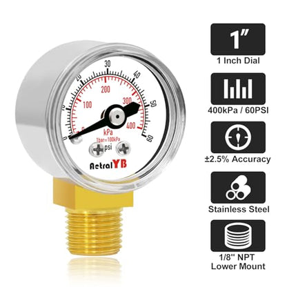 1-Inch Mini Pressure Gauge, 0-60 PSI / 0-400 kPa, Dual-Scale Dial, 1/8” NPT Bottom Mount, Stainless Steel Gauge for Coffee Machines, Motorboats, Water Pumps, and Pneumatic Tools - size: 0-60 PSI, style: Lower Monut