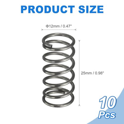 Generic 10Pcs Compression Spring, 12mm OD, 1.2mm Wire Size, 25mm Free Length, Spring Steel Construction Extended Mechanical Compression Springs for Shop and Home Repairs, Silver Tone