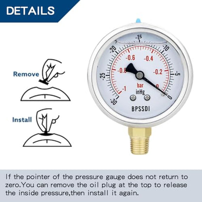 30 inHg Vacuum Silicone Oil Liquid Filled Low Pressure Gauge, 2.5" Dial Size, 1/4" NPT Lower Mount, 304 Stainless Steel Case, for Water Pipe, HVAC, Water Oil Air Pressure Test - size: -14.7-0 psi, style: Lower Mount