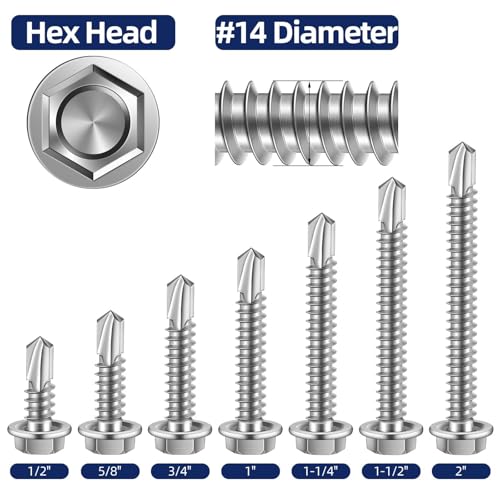 #14 x 1-1/2" Hex Washer Head Self Drilling Sheet Metal Screws with Drill Point, 410 Stainless Steel Self Tapping Screws for Metal, 50 PCS - color: Silver, size: #14 x 1-1/2"
