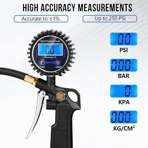 Digital Tire Pressure Gauge with Inflator 3-250 PSI Heavy Duty - size: 1 Pack Standard