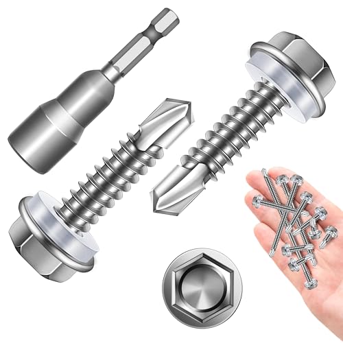 Self Drilling Screws for Metal 50Pcs #12 x 1 Self Tapping Screws for Metal Plastic Wood, 410 Stainless Steel Hex Head Sheet Metal Screws, High-Strength Quick Self-Tapping Screws by Marysino - color: Silver (#12), size: 1"