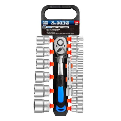 20 PCS 1/2" Drive Metric Socket Wrench Set,90-Tooth Reversible Ratchet Handle，6 Point Shallow Sockets (8-32mm) and Extension Bar 5", CR-V Steel, Car Repair Set - size: 20P 1/2 inch(8-32mm)