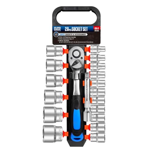 20 PCS 1/2" Drive Metric Socket Wrench Set,90-Tooth Reversible Ratchet Handle，6 Point Shallow Sockets (8-32mm) and Extension Bar 5", CR-V Steel, Car Repair Set - size: 20P 1/2 inch(8-32mm)