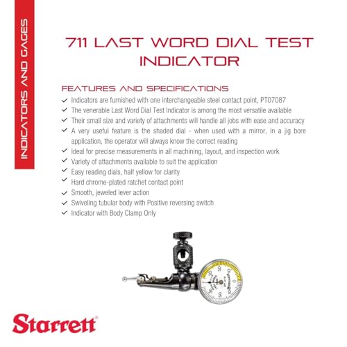 Starrett 711 Last Word Dial Test Indicator, .030" Range, .001" Graduation - size: 0-0.03", White Dial, style: 0.001" Graduation, with Body Clamp Only