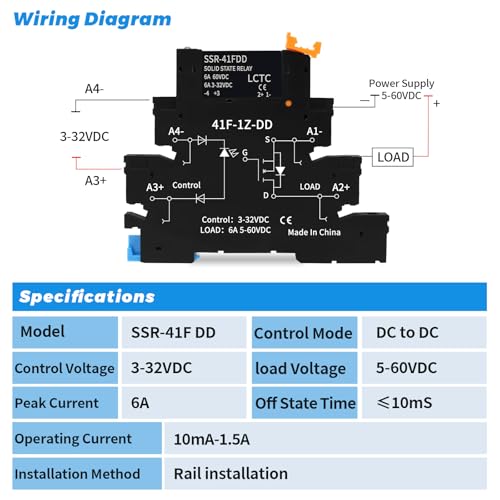 (2pcs) Solid State Relay DD 5V 12V 1.5A,Signal Relay for PLC,No Contact DC to DC;Input:3-32VDC;Output:5-60VDC;Din Rail