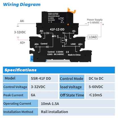 (2pcs) Solid State Relay DD 5V 12V 1.5A,Signal Relay for PLC,No Contact DC to DC;Input:3-32VDC;Output:5-60VDC;Din Rail