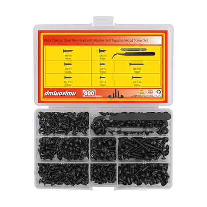 400pcs Black Carbon Steel Self Tapping Screws Assortment Kit - M3 M3.5 M4 M5 Pan Head Screws with Washers, Hex Keys & Tweezers for Wood Metal Plastic DIY Projects