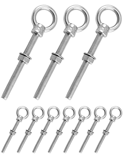 QWORK Threaded Eyebolts, 10 Pack 3/8" x 4" Long Stainless Steel Marine Grade Shoulder Eye Bolt, M10x100mm - color: 10 Pack, size: 3/8" x 4"