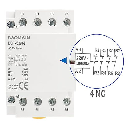 BAOMAIN 220V AC 4-Pole 63A Modular Contactor, 4NC, DIN Rail Mount