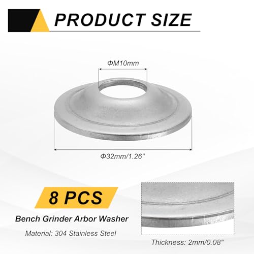 MECCANIXITY 8 Pcs M10 Arbor Washer, 2x32mm 304 Stainless Steel Bench Grinder Arbor Washer for Bench Grinder Polisher Wire Wheel Buffing, Silver - size: M10 x 32 x 2 mm