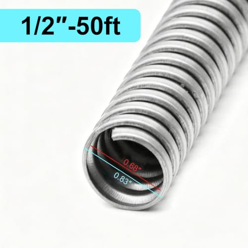 1/2 Inch x 50 Ft Flexible Reduced Wall Electrical Conduit, Galvanized Steel Metal Flexible Conduit for Electrical Wiring, Outdoor Cable Management and Greenfield Application - size: 1/2in-50ft
