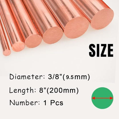 1Pcs Pure Copper Round Rod 3/8"(9.5mm) Dia 8" Length Bare Copper Cu Metal Rod for Metal Craft Hobbies - size: 3/8" Dia, style: 8"Length