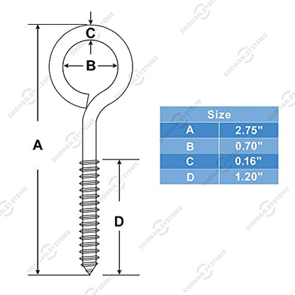 SHONAN 2.75" Stainless Steel Eye Screws for Wood, 16 Pcs Screw Eye Hooks Eye Bolt Hooks, Eye Screws for Indoor Outdoor Use, 85 Lbs Capacity - size: 2.75 Inch, 16 Pack