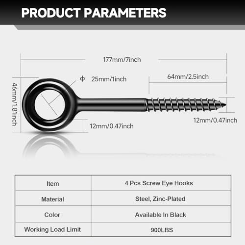 7 inch Eye Bolts - 4 Pcs Eyes Hooks Screw Heavy Duty 900 lbs Breaking Strength Black Rust-Resistant, Self Tapping Eyelet Screw for Wood Securing, Hammock Stand, Indoor & Outdoor Use - size: 7" 4Pcs