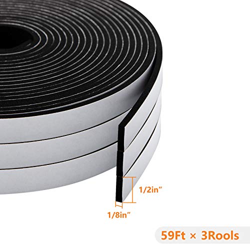 High Resilience Foam Seal Tape, 1/2 Inch x 1/8 Inch, Neoprene Weather Stripping for Doors & Windows, 59 Feet (3 Rolls x 19.7ft) - size: 1/2in * 1/8in * 59FT