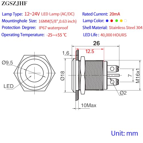 16mm Indicator Light 0.63" 12V Led Lights 24V Large Light Frosted Surface Pilot Lamp Waterproof Screw Terminal Stainless Steel Red and Green 2 Pcs Signal Light - color: Multicolor, size: 12-24 V AC/DC
