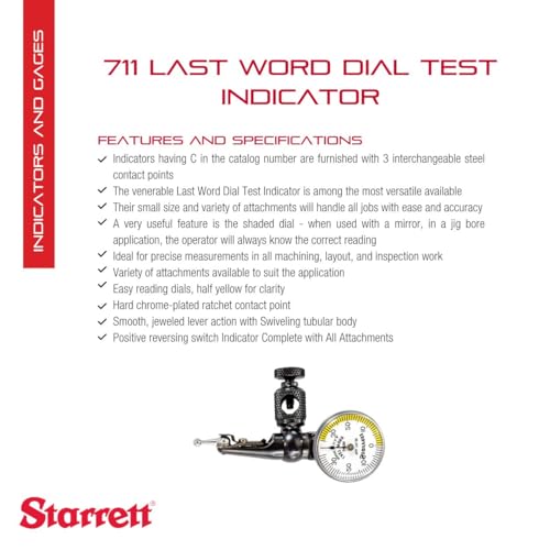 Starrett 711 Last Word Dial Test Indicator, .030" Range, .0005" Graduation - size: 0-0.03", White Dial, style: 0.0005" Graduation, 0.0005" Accuracy