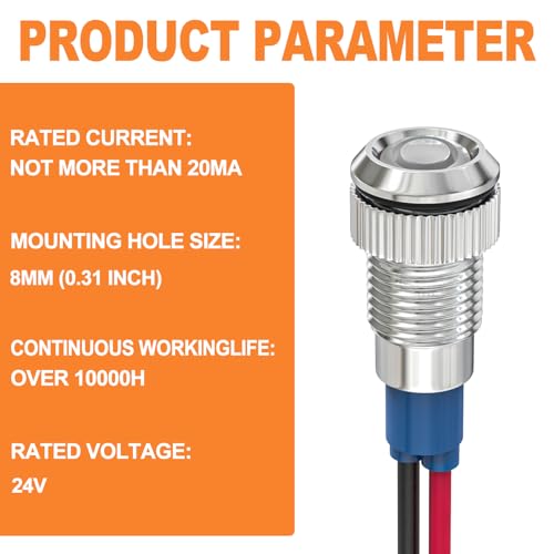 GASHER 5 PCS Energy Saving Indicator Light, LED Light 12V/24V/110V 20mA Panel Mount Light, Mounting Hole Size 8mm(5/16inch) White LED (24V) - color: White, size: 8MM（24V）