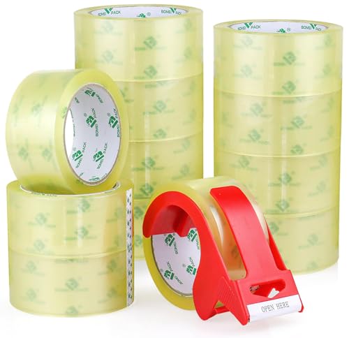 BOMEI PACK 12Rolls Clear Yellowish Packing Tape Refills, 2.4 Mil 1.88 Inch x 60 Yards, Packaging Tape with Dispenser for Moving, Shipping and Storage - color: Yellowish, size: 2.4mil x 60yds