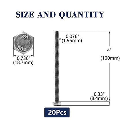 1/2-13 x 4 Hex Head Screw Bolt, 20Pcs 18-8 (304) Stainless Steel, Fully Threaded, Plain Finish, by SG TZH - size: 1/2-13 x 4"