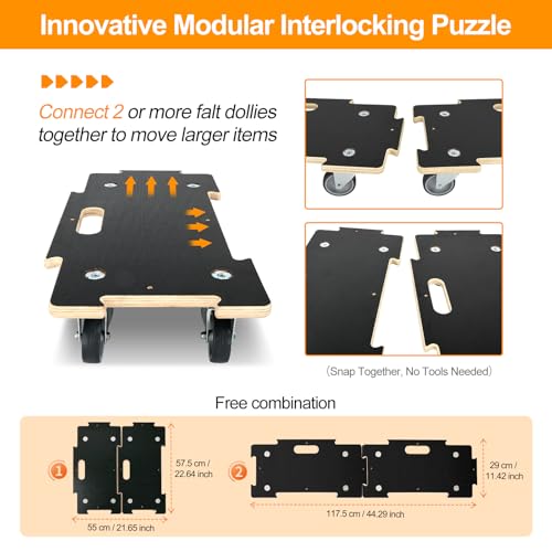 1100LB Heavy Duty Moving Dolly Cart - 2 Pack with 3" TPR Wheels- Spliceable - size: Spliceable(2 Pack)