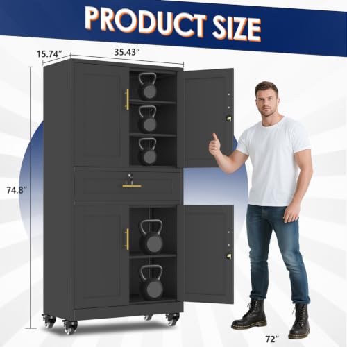 erosoei 75" H Metal Garage Storage Cabinet, Rolling Tool Cabinet with 2 Doors and Wheels, Locker Steel Cabinet with 4 Adjustable Shelves and Drawer, Organization Cabinet for Garage,Office,Gym - color: Black, size: 75"-Drw