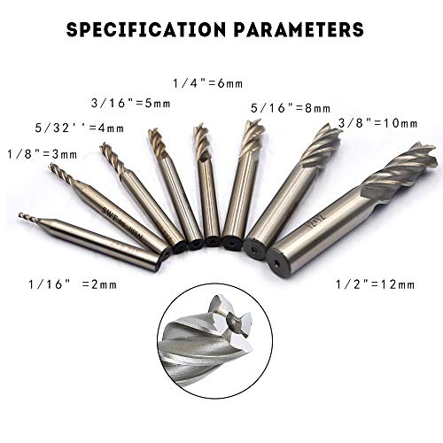 8Pcs End Mill Bits HSS CNC End Mill Cutter Drill Bits 1/16"-1/2"