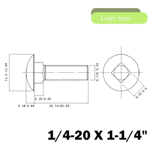 1/4-20 x 1-1/4" Carriage Bolts Screws, Stainless Steel 18-8 (304) Round Head Square Neck Carriage Bolts, Fully Threaded, Pack of 20 - size: 1/4-20 x 1-1/4"