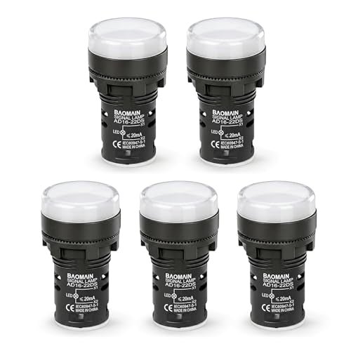 BAOMAIN 22mm LED Industrial Indicator Light,220V AC Pilot Signal Lamp for Industrial Machinery Control Circuits,7/8" Panel Mount, Screw Terminal,White,5-Pack - color: White