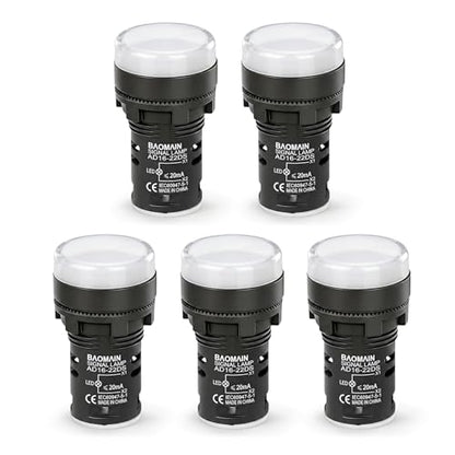 BAOMAIN 22mm LED Industrial Indicator Light,220V AC Pilot Signal Lamp for Industrial Machinery Control Circuits,7/8" Panel Mount, Screw Terminal,White,5-Pack - color: White