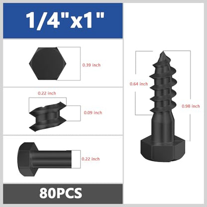 Wensilon Lag Screws Wood Screws,(80PCS, 1/4"x1", Black) Hex Head Lag Bolts,(6x25) Heavy Duty Lag Screws,304 Stainless Steel Bolts 18-8 - color: Black, size: 1/4"x1"